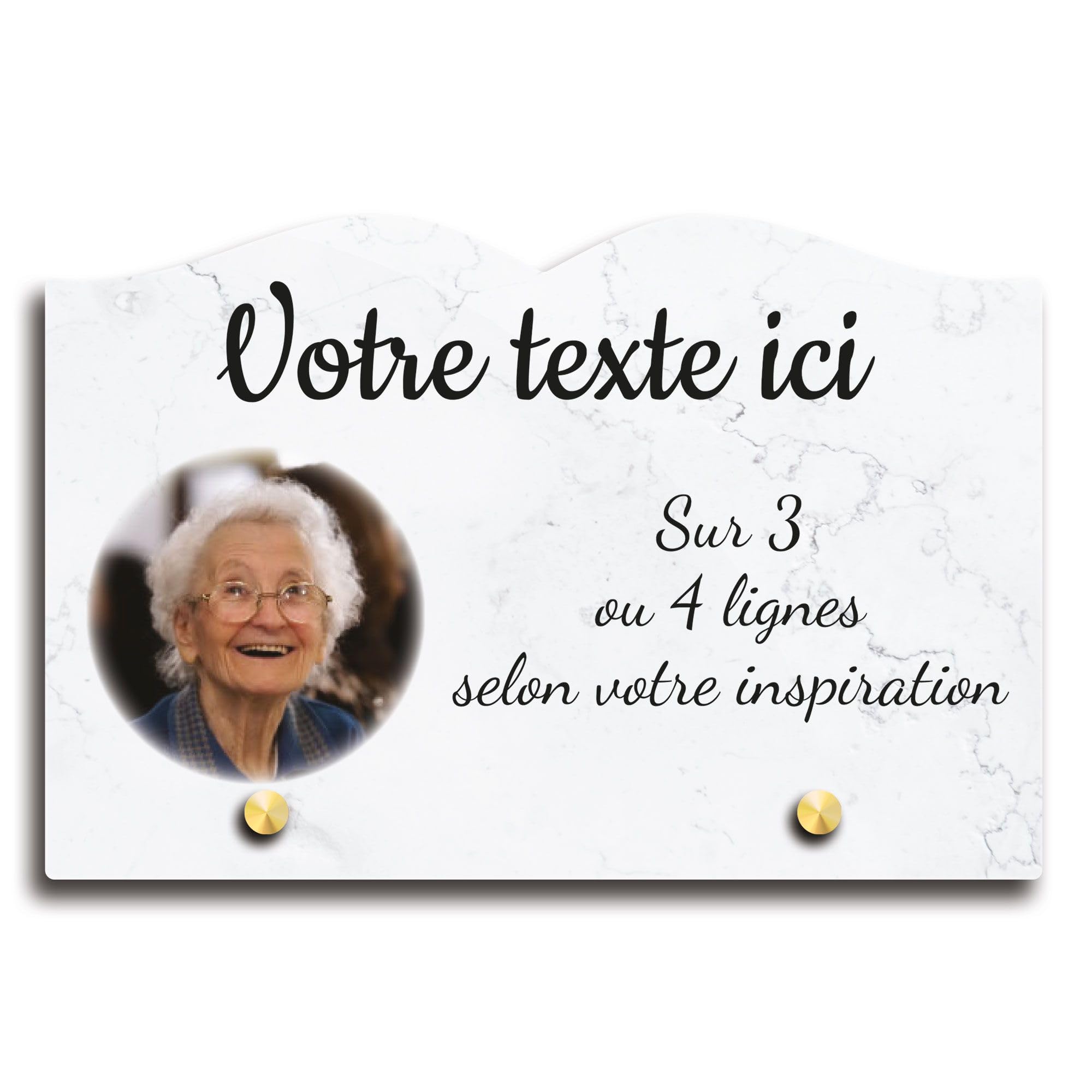 Targa funeraria con foto in plessi, personalizzabile con motivo marmo, diverse dimensioni, spessore 6 mm, personalizzata su più righe, 22 x 15 cm