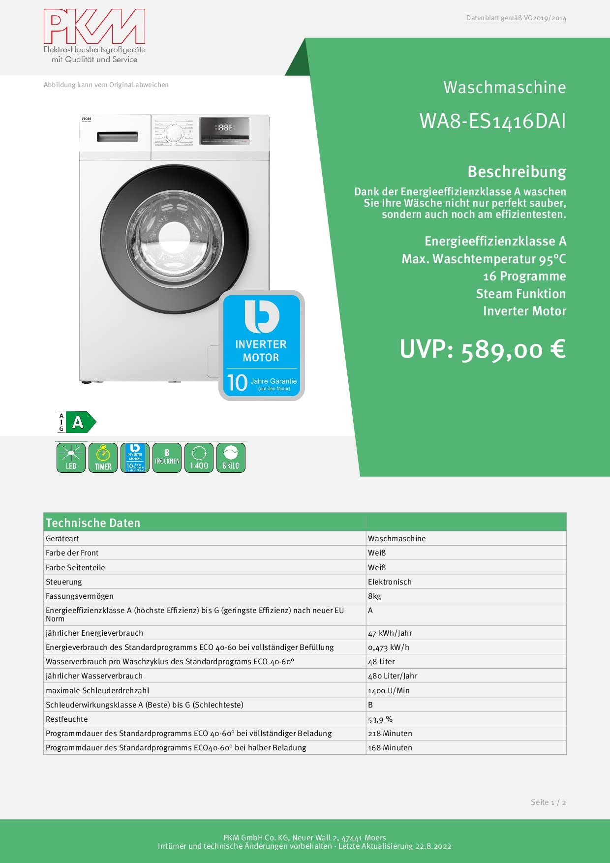 Lavatrice PKM WA7-ES1416DAI Da 7 Kg | 1400 Giri | Motore Inverter BLDC | 16 Programmi | Classe A | Caricamento Frontale