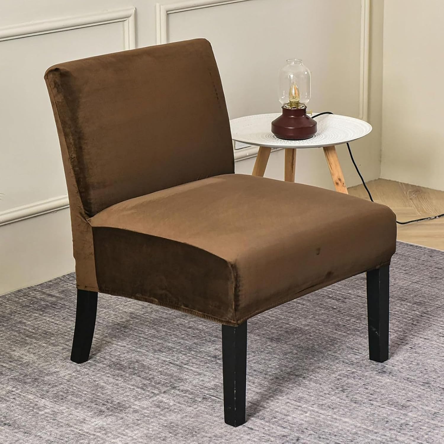 Velvet Armless Chair Cover, Elastic Fabric, Non-Slip Bottom Design, Modern Minimalist Style(Dark Coffee,2 PCS)