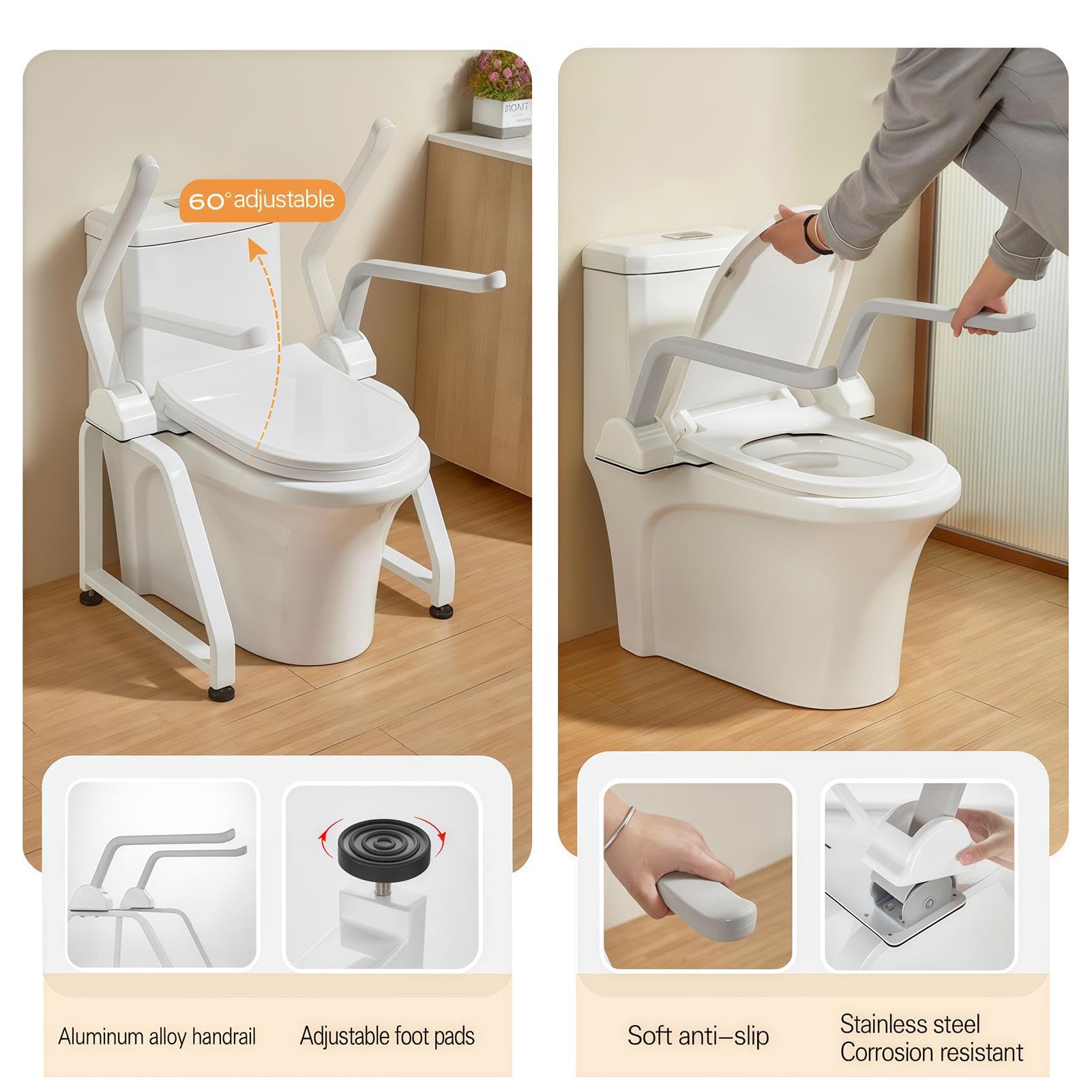 Barandilla de seguridad para inodoro, pasamanos plegable resistente con soporte de aleación de aluminio para una mayor estabilidad y seguridad en el uso en el baño