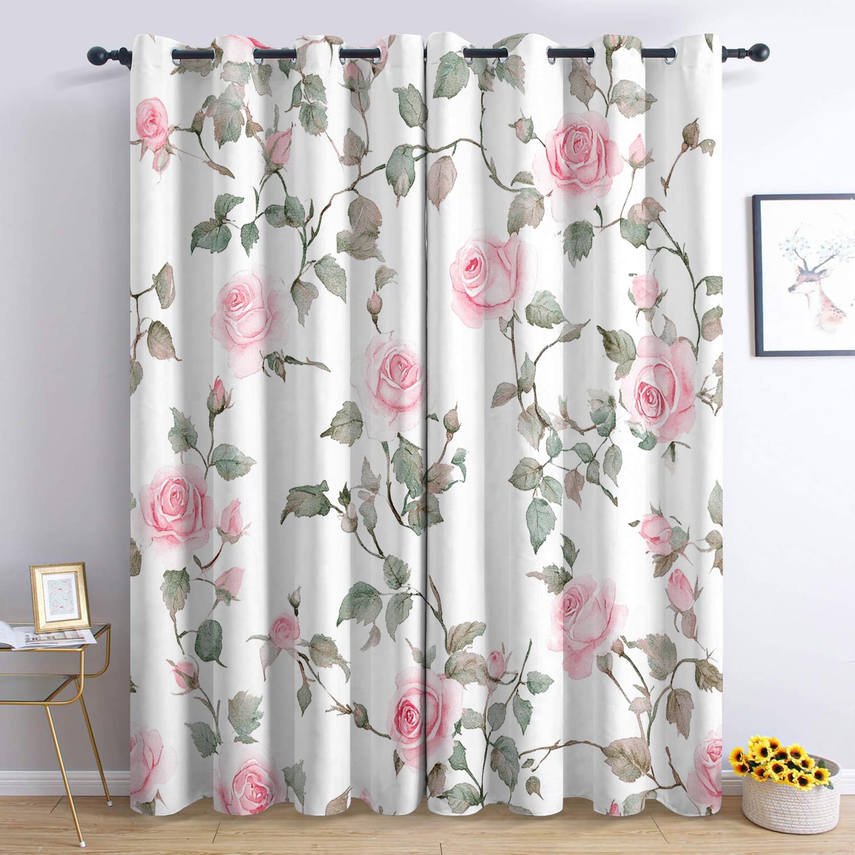 Rose Flower Curtains, Floral Leaves Blackout Curtains 52 x 84, Living Room & Bedroom Decor Drapes, Thermal Insulated Eyelet Window Treatments 84 Drop, 2 Panels
