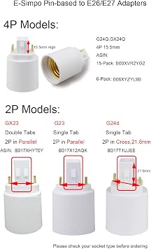 G23 to E26/E27 Adapter 2Pin Socket Adapter G23 to E26 Lamp Base Converter Bulb Extend Plug CE Rohs Single Tab, 2P in Parallel (10-Pack)