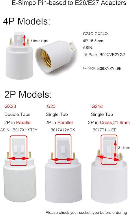 G23 to E26/E27 Adapter 2Pin Socket Adapter G23 to E26 Lamp Base Converter Bulb Extend Plug CE Rohs Single Tab, 2P in Parallel (10-Pack)
