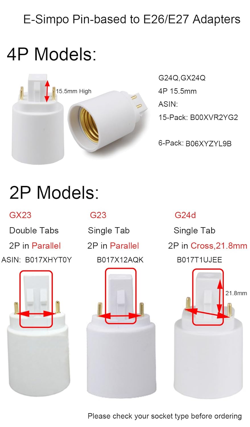 E-Simpo GX24Q - E26 アダプター 4P、15.5mm GX24Q to E27、G24Q to E26/e27 ア