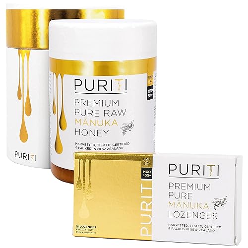 PURITI Manuka Honey Pastillas UMF 12+ (paquete de 16) Manuka Honey UMF 15+  Sujeciones de garganta sin azúcar de primera calidad para tos y dolores