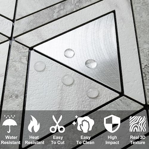 Miniatura 3 de DICOFUN Azulejos de mosaico triangulares de piedra gris de 1 hoja para despegar y pegar contra salpicaduras para cocina, PVC mezclado metal plateado
