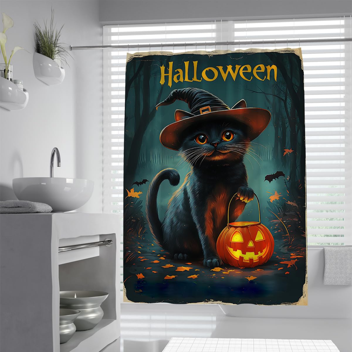 UIRINGART Spooky Halloween Witch Cat Shower Curtain W120xL180cm Pumpkin Lantern Flying Bat Autumn Woods Anti Mould Waterproof Bathtub Screens for Wet Room with Hooks