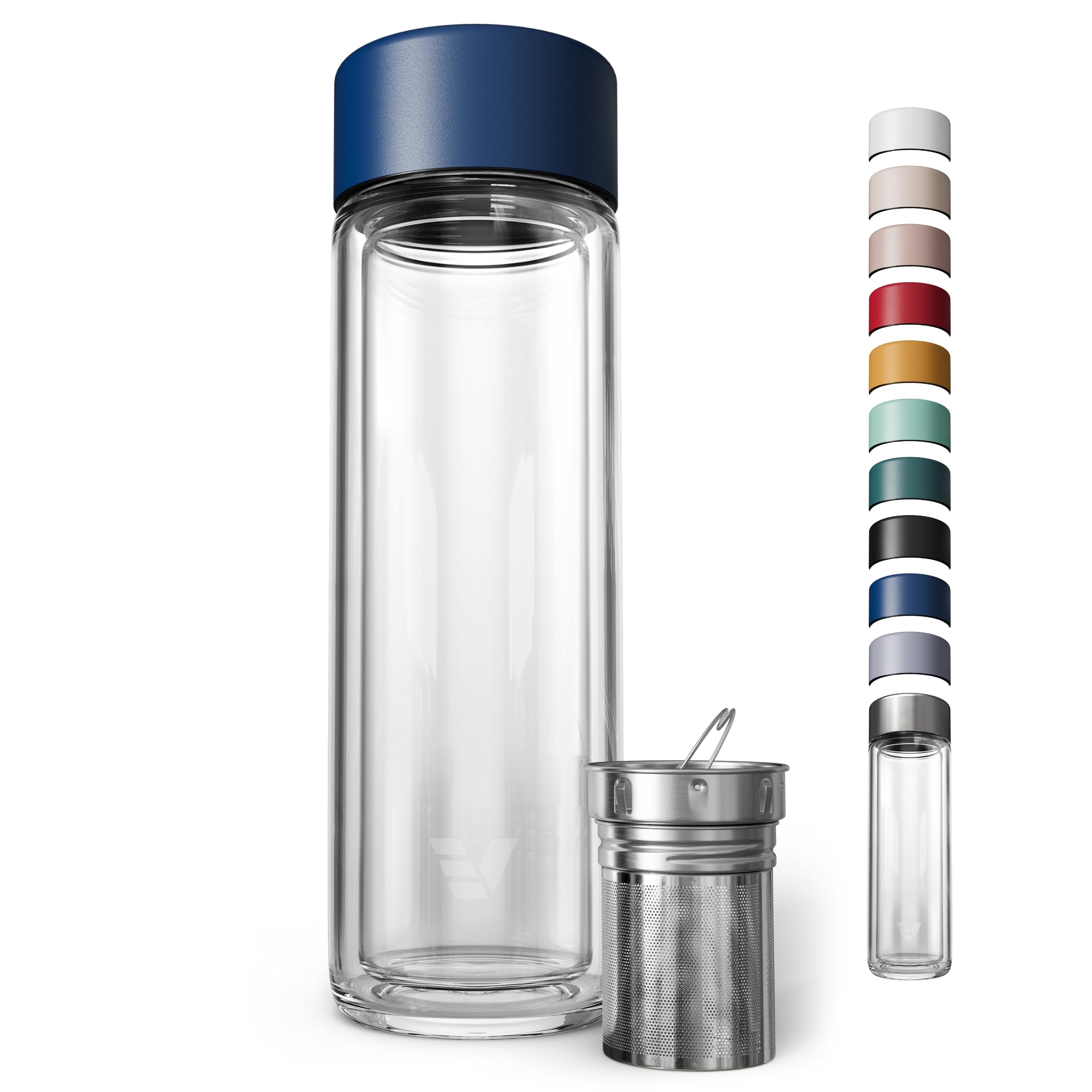 Botella de agua de vidrio y termo con infusor de té, 14 onzas, vidrio de borosilicato de doble pared, apta para lavavajillas, sin contacto de plástico, perfecta para la oficina o el hogar,