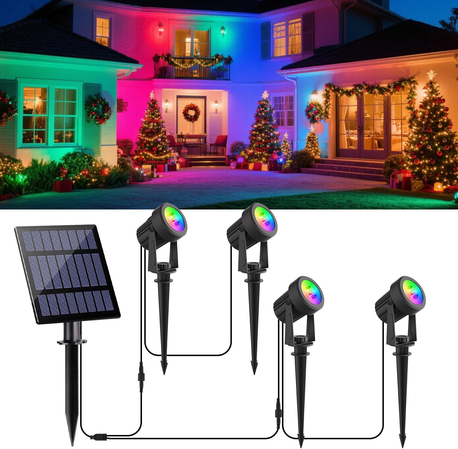 – NATPOW Solar Spotlights Outdoor Garden Lights, RGB Landscape Spot Lights Color Changing, Dusk-to-Dawn Outdoor Stake Lights Waterproof, Auto ON/Off Landscape Lighting for Tree Driveway Patio (4-in-1)