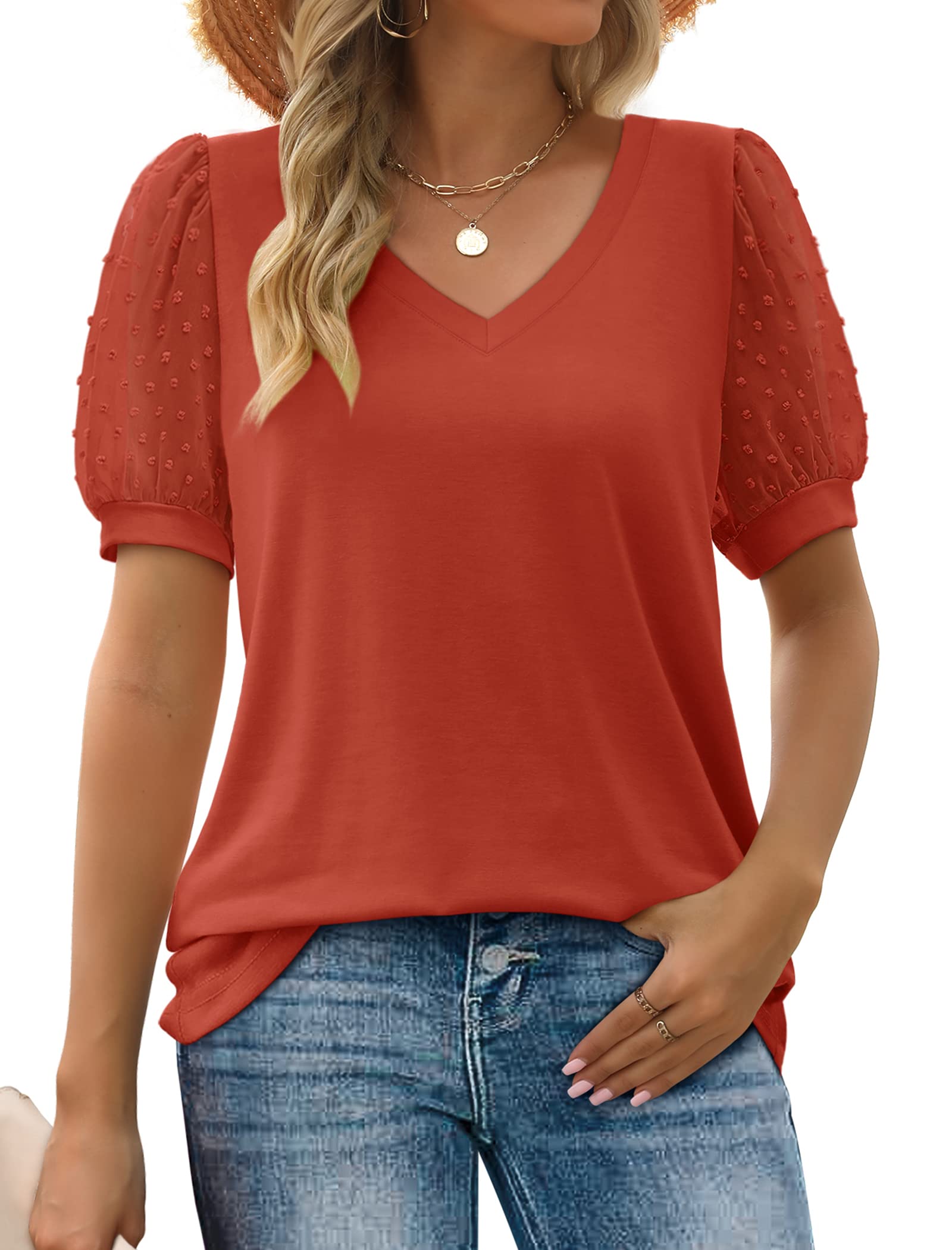 Aokosor Womens Summer Tops V Neck T Shirts Swiss Dot Puff Sleeve Tops Loose Casual Tshirts