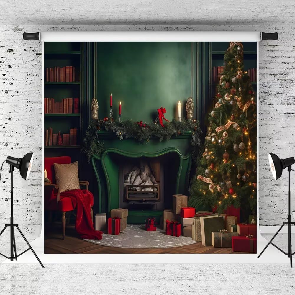 Fireplace Christmas Scene Kate Christmas Tree Fireplace Backdrop Set - 3 Piece 8x8ft & 10x8ft Fabric Background For Holiday Photos Hang On Tree Stand With Sticks