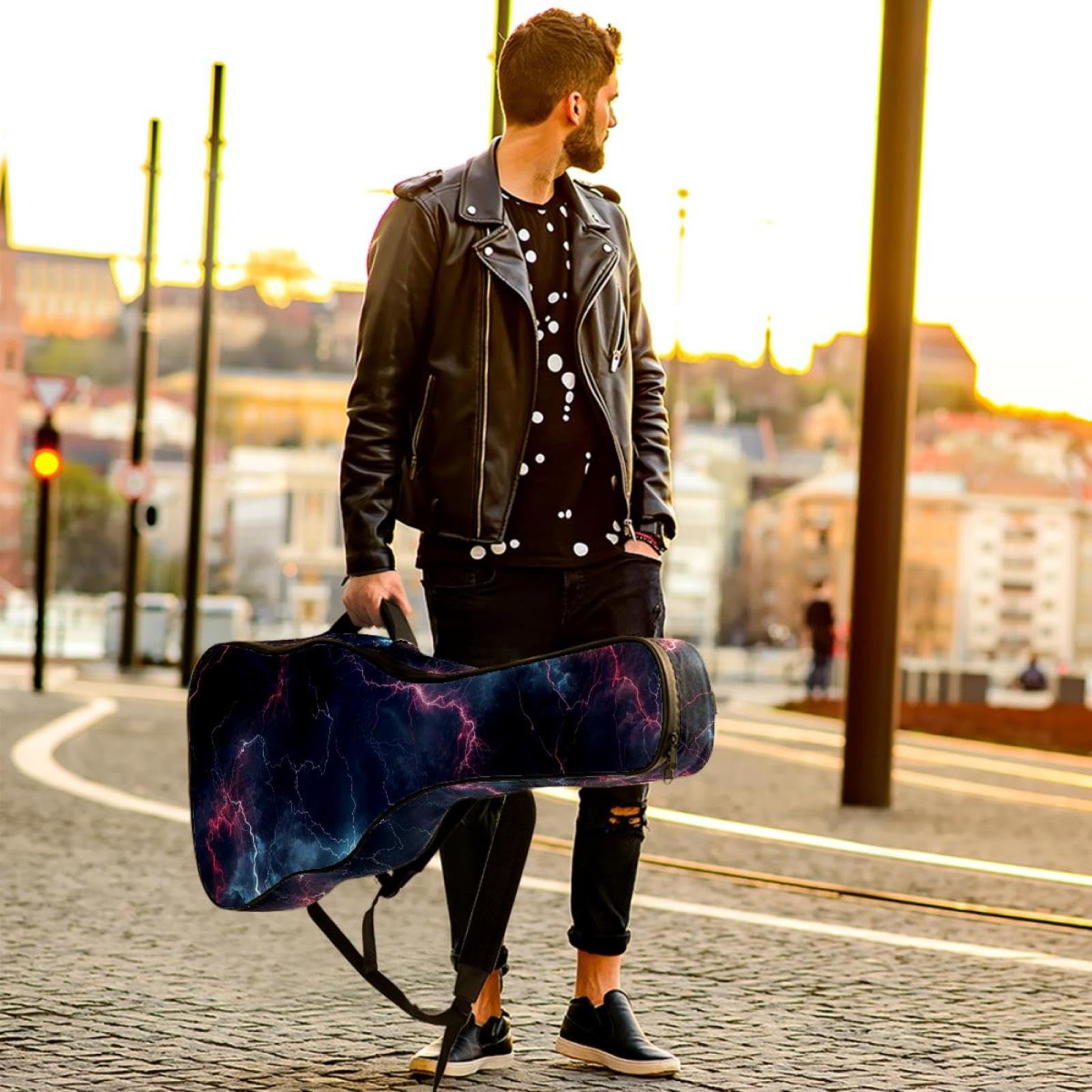 43 Zoll Akustikgitarre Softcase mit Rucksackgurt und 2 Taschen Rot Lightning Keine Polsterung Rucksack Wasserdicht Oxford Tuch Bass Gitarre Gigbag für Konzertgitarre, mehrfarbig,