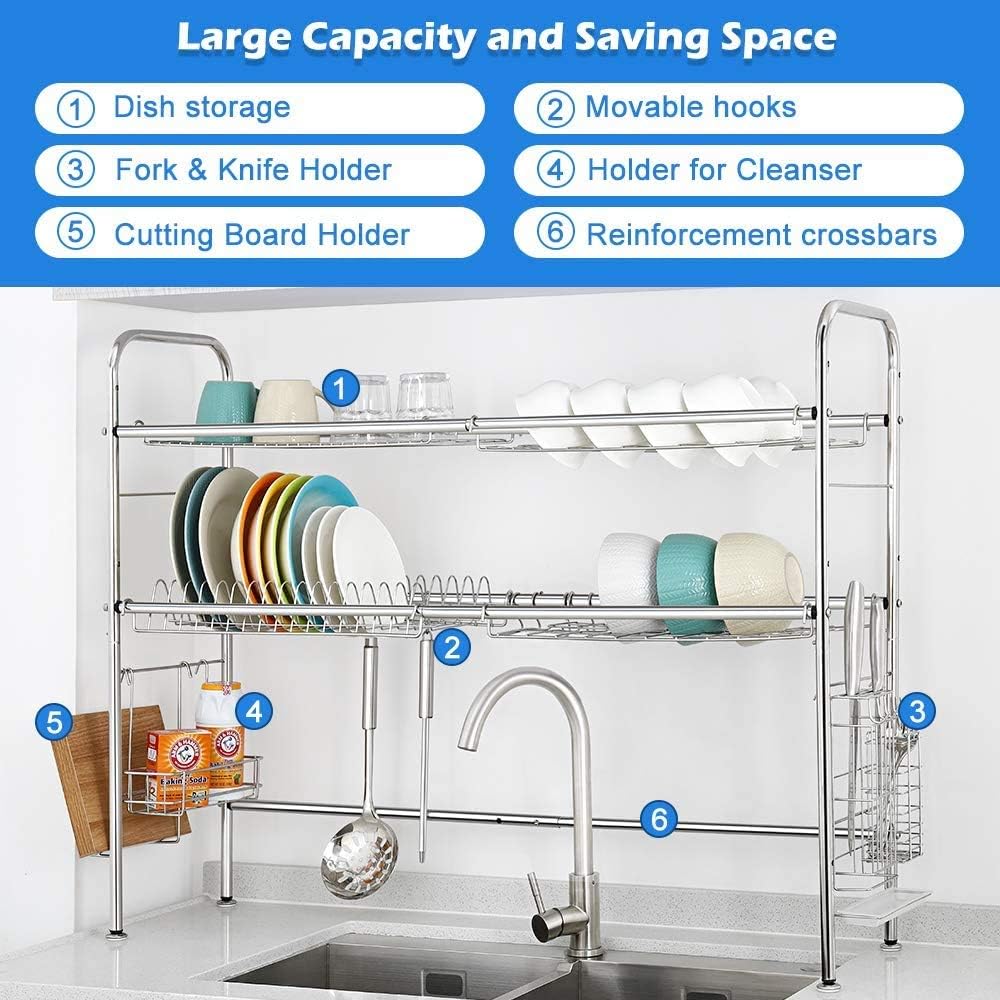NEX 2-Tier Drying Rack for Kitchen, Over Sink Dish Drying Rack Stainless Steel Non-Slip Stable Dish Dryer,Length Adjustable, Sliver (Sink Size ≤ 33 INCH)