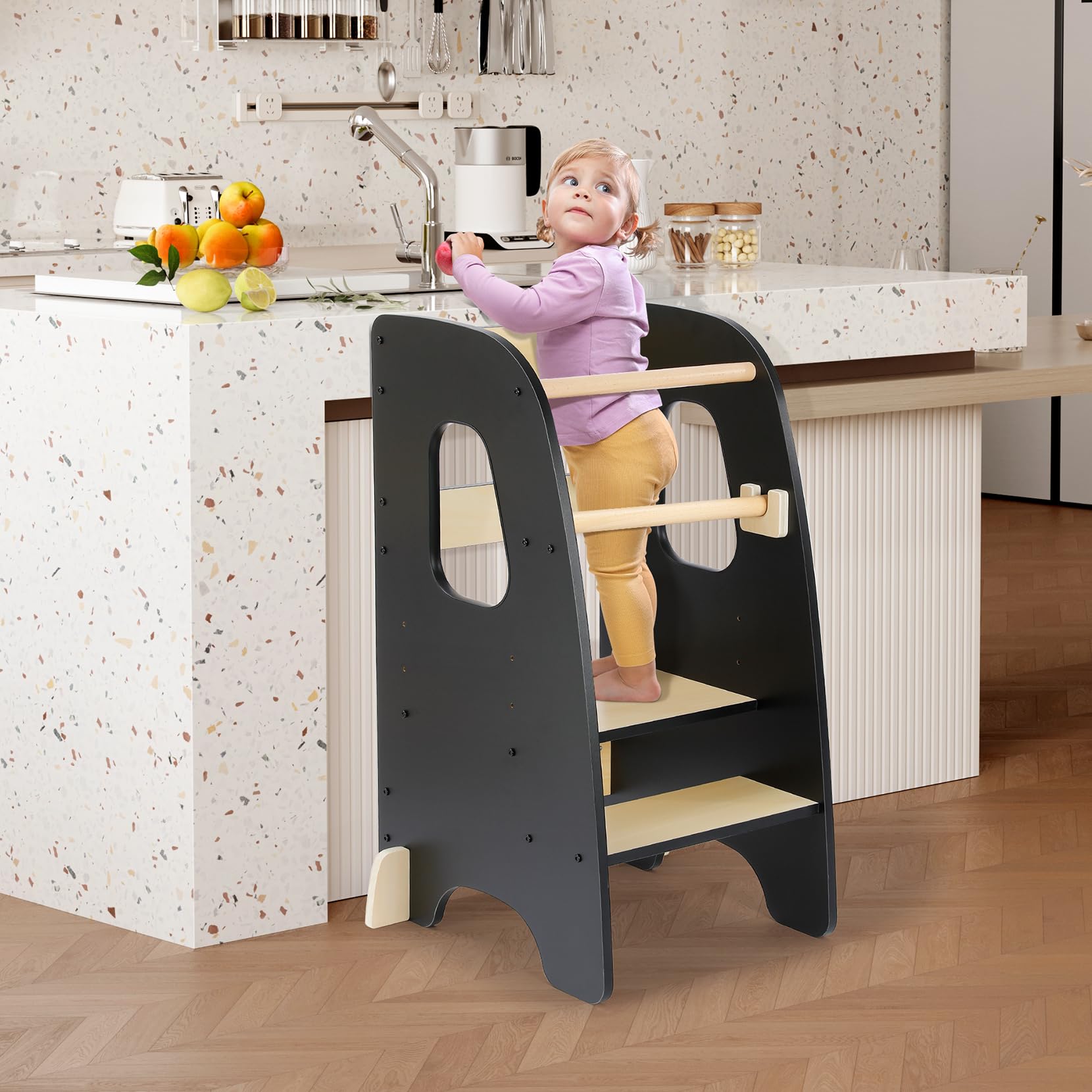 Ezebaby Toddler Kitchen Stool Helper, Standing Tower for 1.5-6 Year Olds, Rounded Edge Design & Anti-Tip Base, Removable Rail Kitchen Step Stool-Black