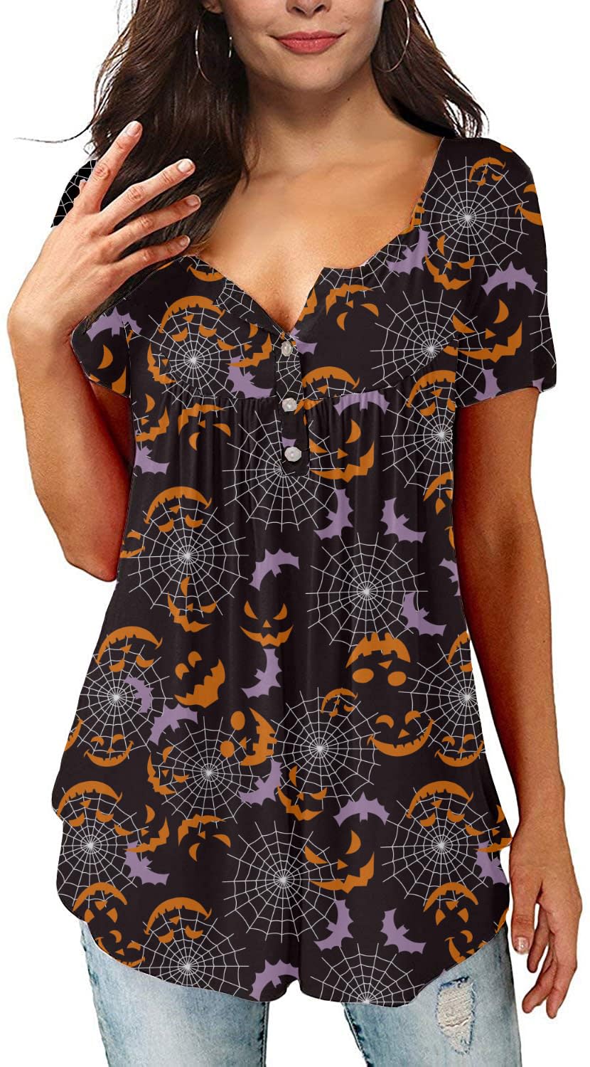 RoshopWomen's Button Front Henley V-neck Loose Fit Plus Halloween Tunic Tops