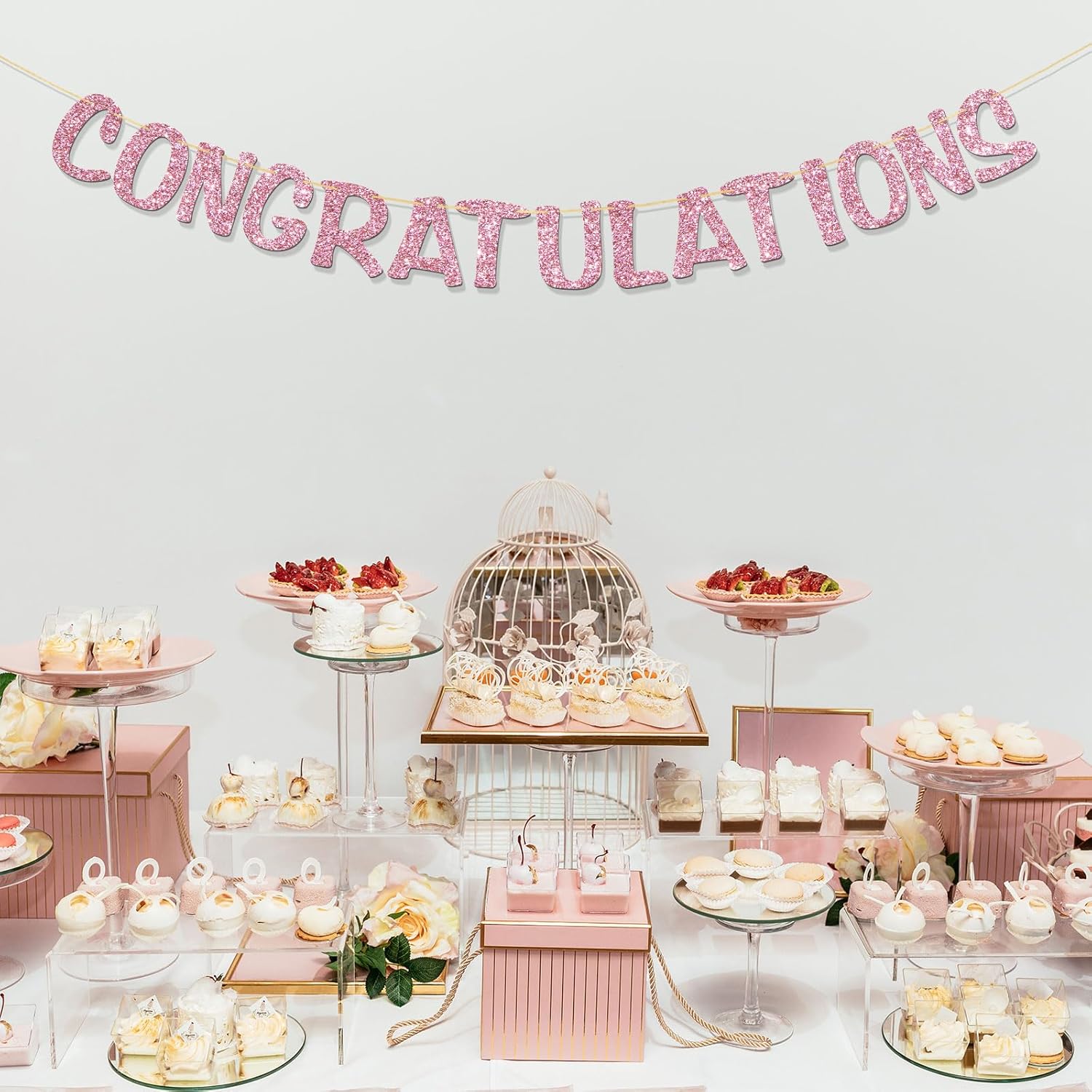 Congratulations Banner - Congrats Grad - Happy Retirement - Wedding - Birthday Party Supplies for Girl - Graduation Party Decorations - Pink Glitter - Image 5