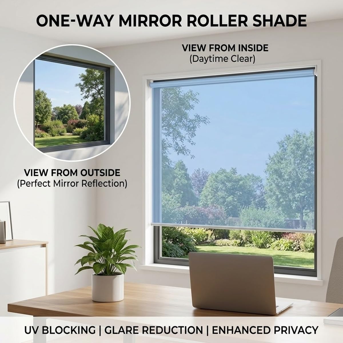 Store Enrouleur Anti Chaleur sans Perçage, Store Occultant Thermique pour Fenêtre Balcon, Protection Solaire Intimité de Jour, Rideau Miroir sans Tain sans Cordon(Bleu,W90xH150cm)
