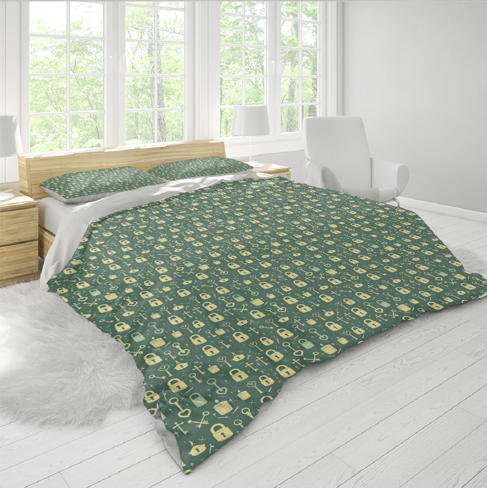 Juego Ropa Cama Suave y Transpirable con Estampado de Dibujos Animados Set de Fundas de edredón de 3 Piezas con Patrones Beige Verdes 2 Fundas de Almohada para habitación bebé 240 x 220 cm