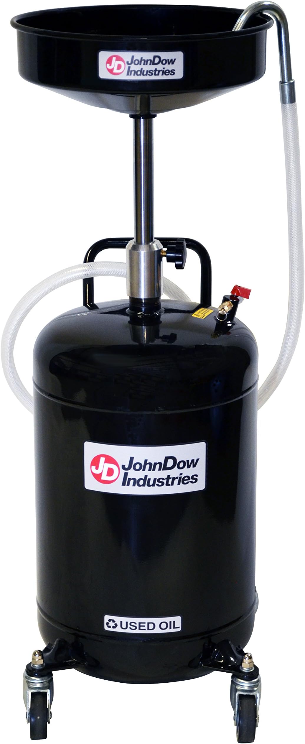 JohnDow IndustriesJDI-18DC 18 Gallon Air-Operated Self-Evacuating Portable Oil Drain, 16 inch Diameter Funnel, Adjustable Funnel Height of 36.5 in to 59 in. 6 Foot Nylon Reinforced Discharge Hose