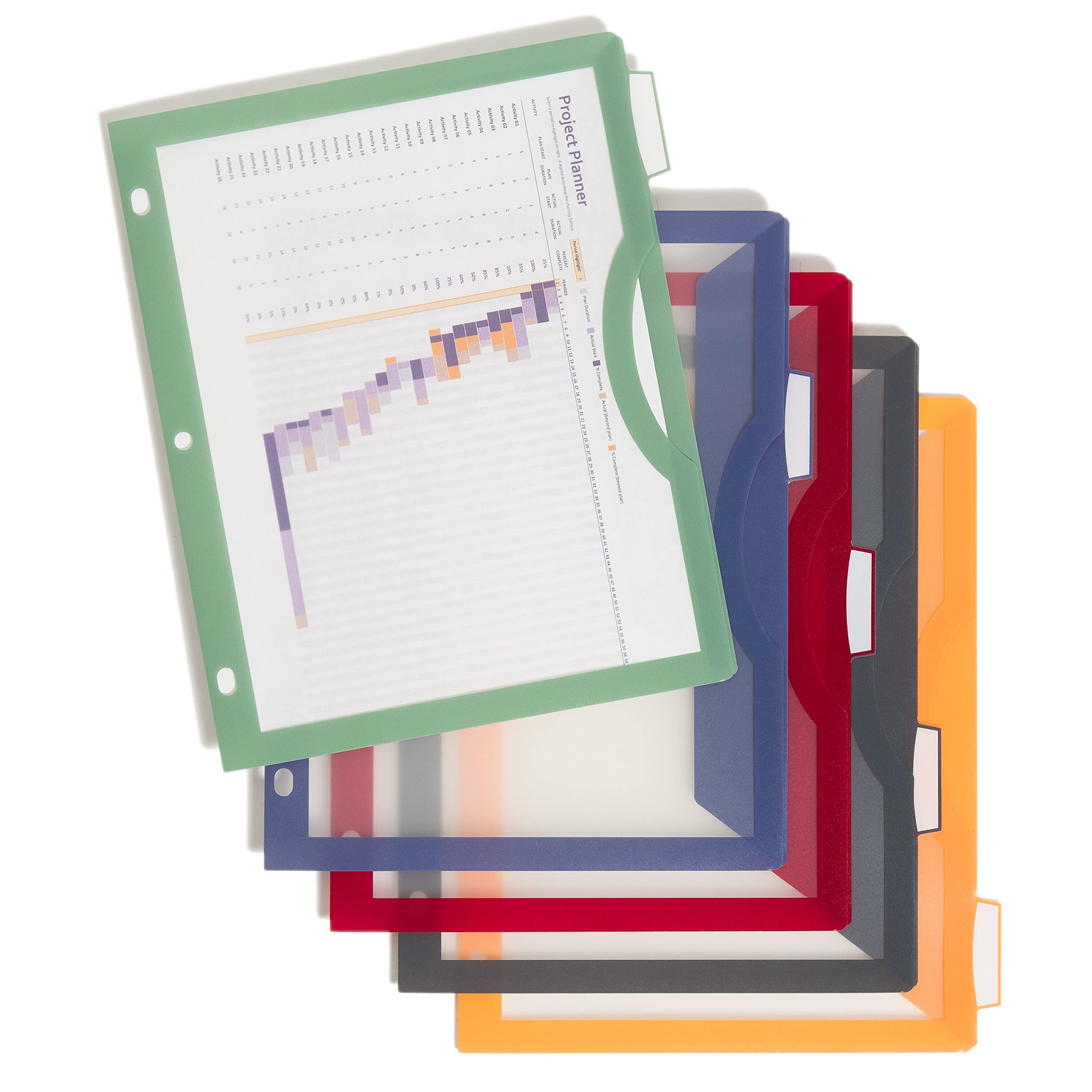 U Brands Poly 5-Tab Three Ring Binder Dividers with Tabs and Pockets, Clear View, 10 Set, Assorted Core Colors, 3-Hole Punched Pocket Dividers