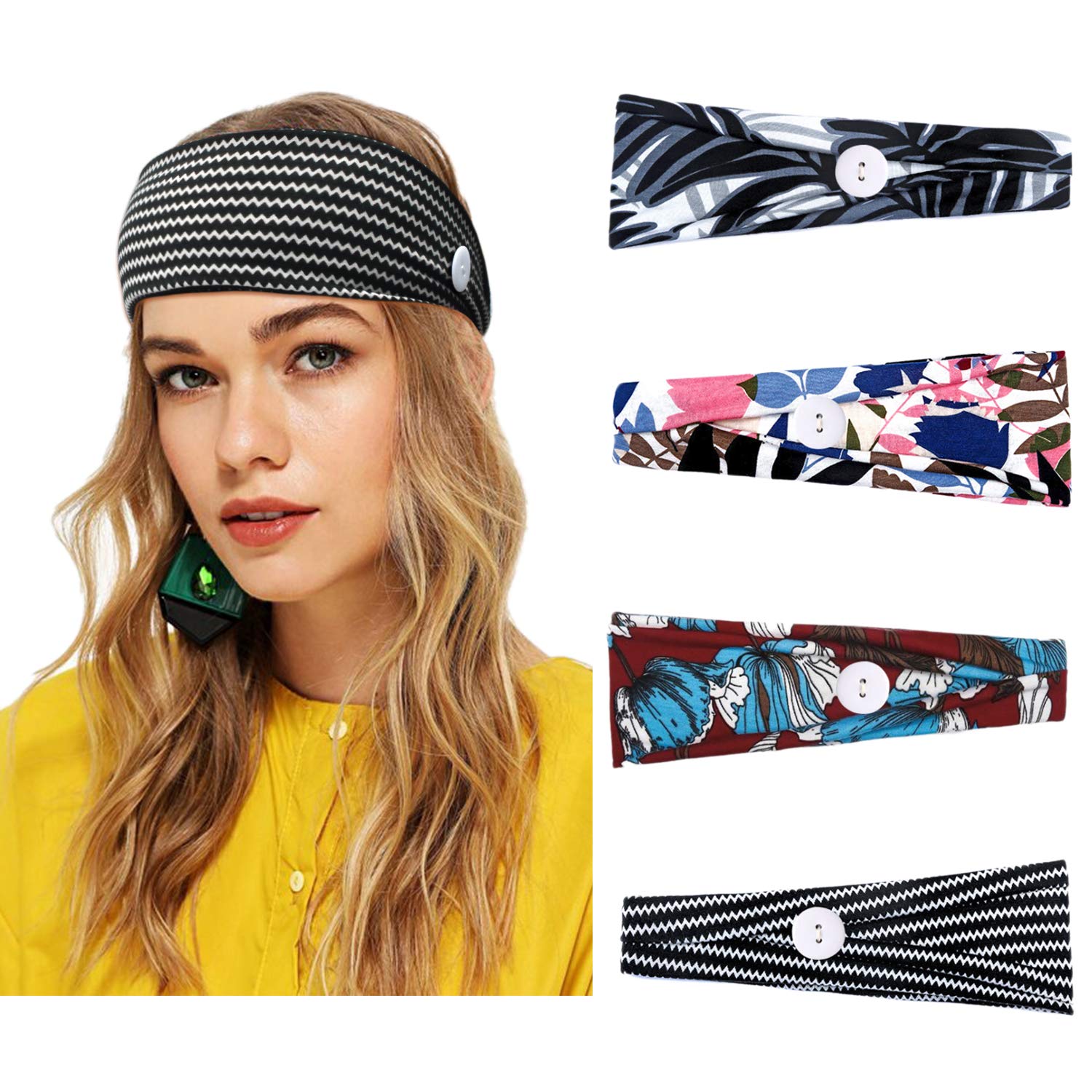 Daedalus Buttons Headbands for Face Masks,Yoga Workout women Hair Bands, 4pcs Cotton Non-slip Elastic Headwrap for Nurse and Girls (Boho02)