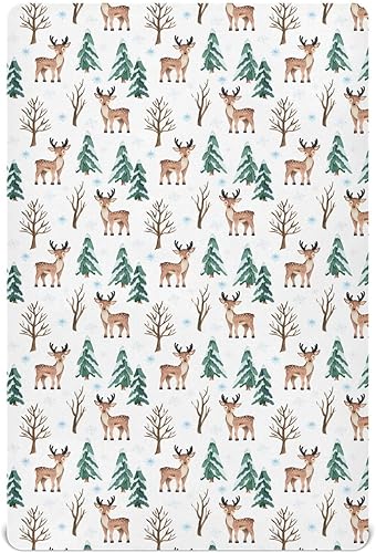 Sábanas para cuna de ciervos y pinos, sábanas ajustables elásticas para cuna para niños y niñas, sábana unisex acogedora para cuna de bebé, 27 x 39