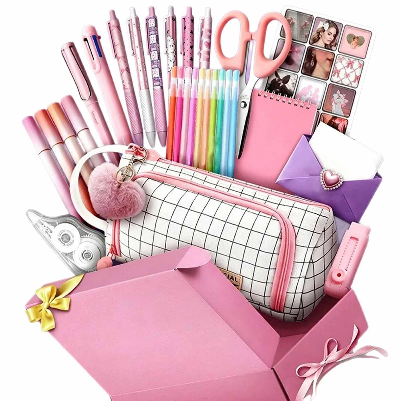 Kit Papeterie Boîte Esthétique À Capacité Généreuse avec 6 Stylos Gel | Trousse à crayons pour étudiantes école collège lycée université cours étude prise de notes devoirs
