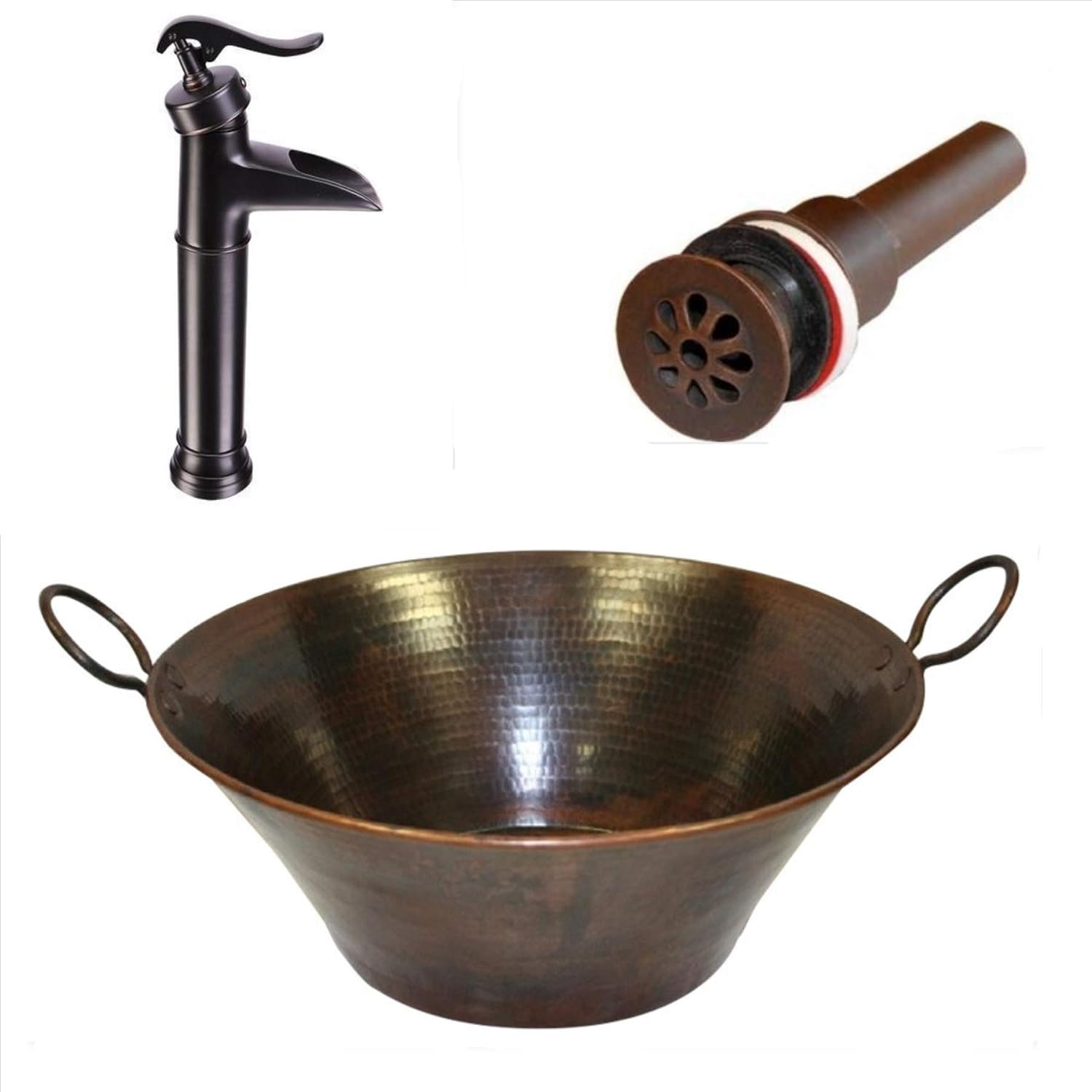 16" Round Copper Cazo Vessel Bath Sink with Handles, Faucet and Daisy Drain Included