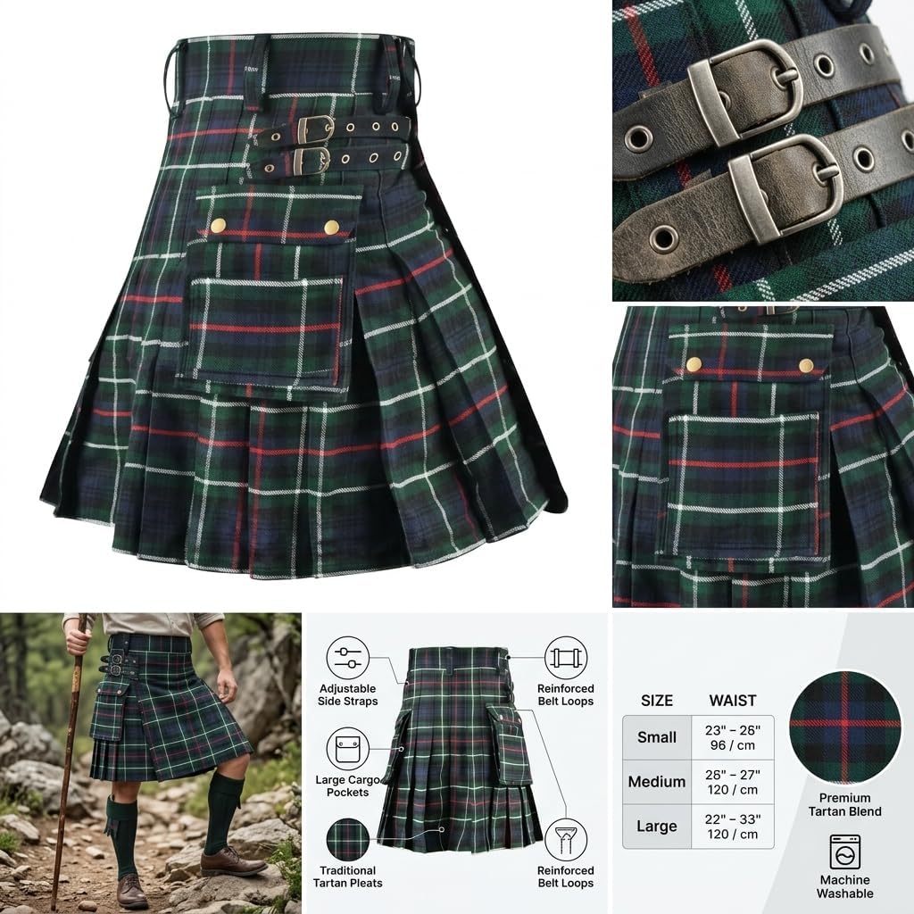 Tartan Utility Kilts for Men Tartan Kilt with Straps and Large Cargo Pockets