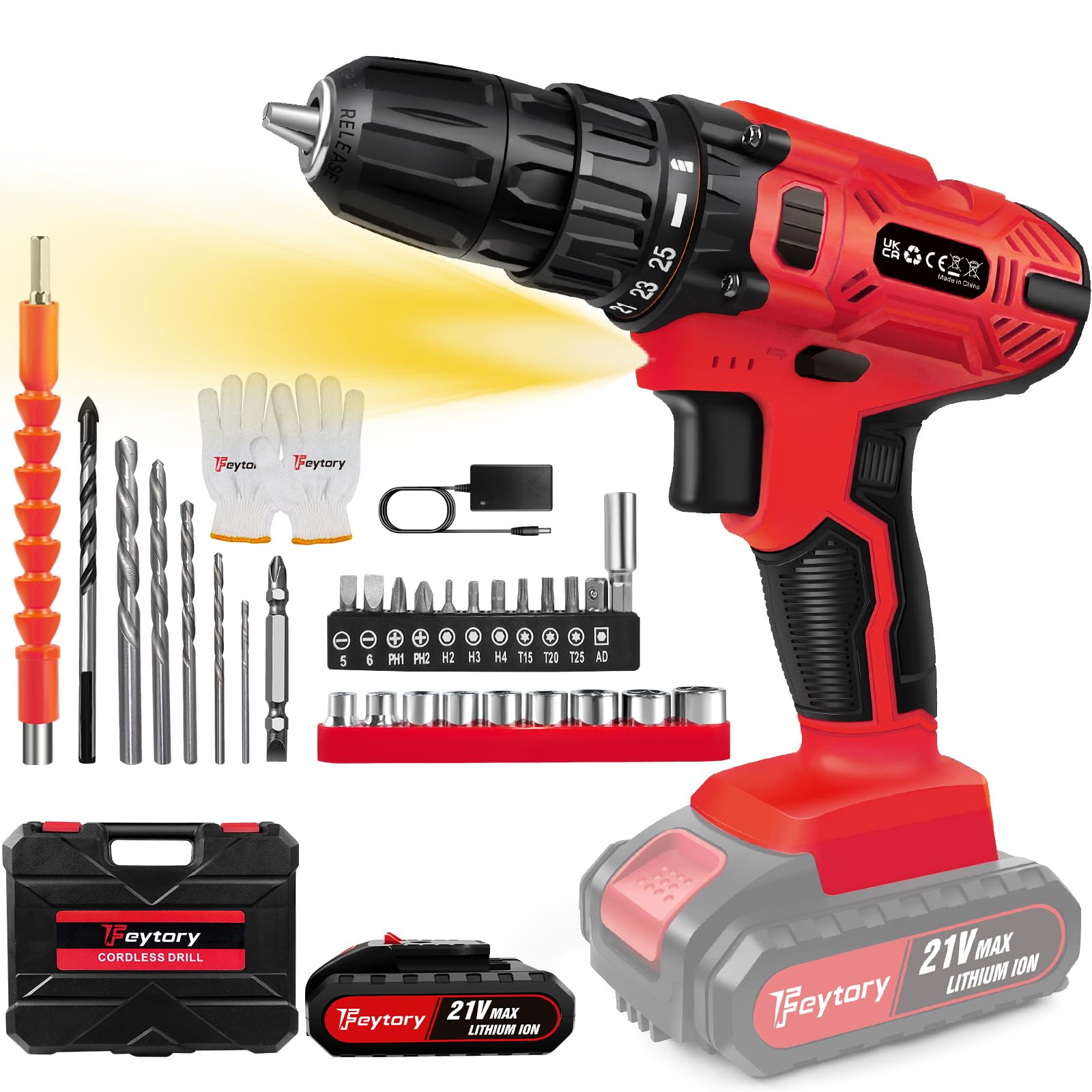 21V Cordless Electric Screwdriver Set Drills Driver Drill Set Electric Combi Drills Driver Screwdriver 45Nm with Rechargeable1500mAh Li-lon Battery & 29pc Kit