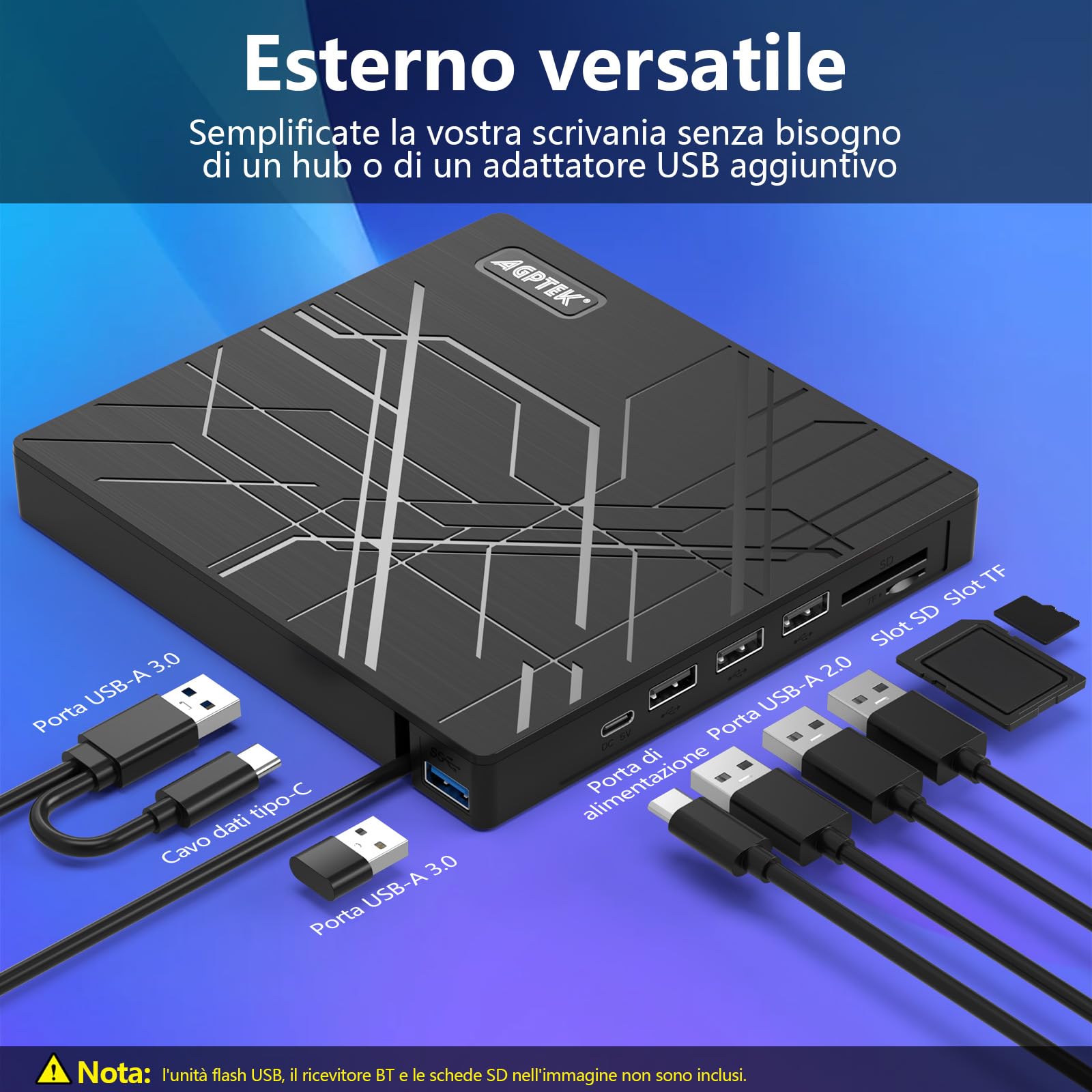 AGPTEK Lettore CD/DVD esterno per laptop, masterizzatore DVD sottile USB 3.0 | Lettore CD/DVD con adattatore Ethernet, slot per schede TF/SD, porte USB, per laptop, PC, MacBook, Windows/Linux/Mac OS