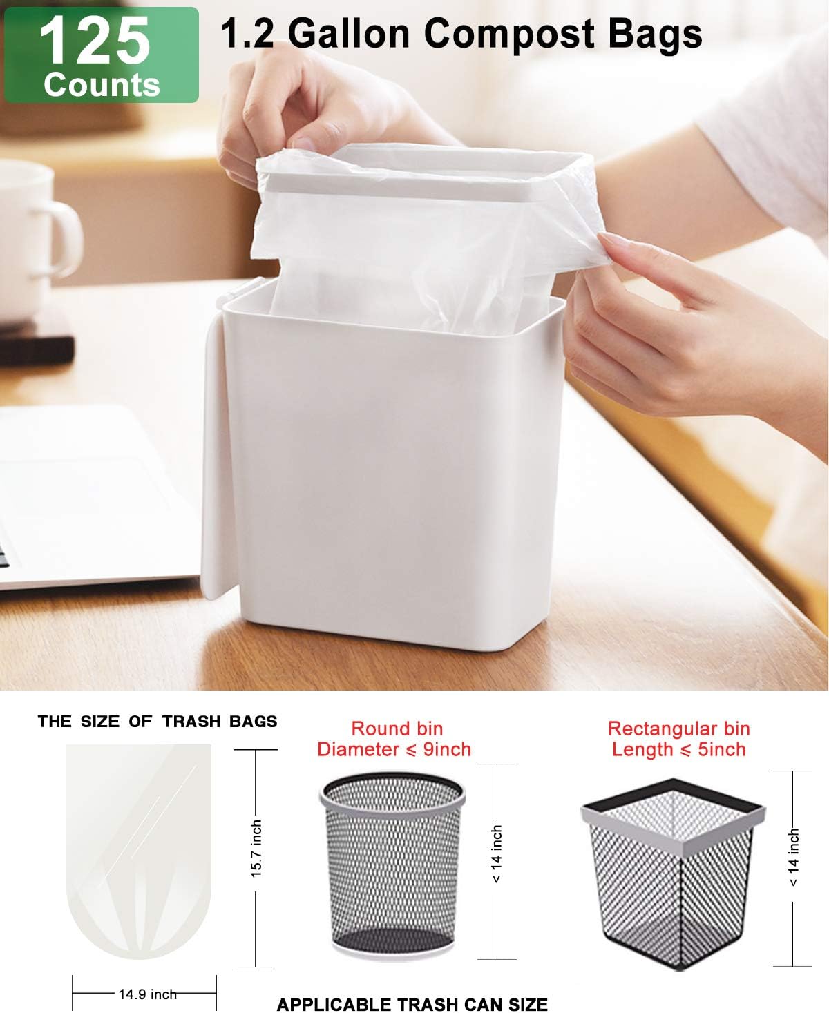 1.2 Gallon Compostable Trash Bags, Small Trash Bags for bathroom office kitchen, Strong Small Garbage Bags fit 4.5-5 Liter Trash Can,1 Gallon-1.5 Gallon,White Compost Bags