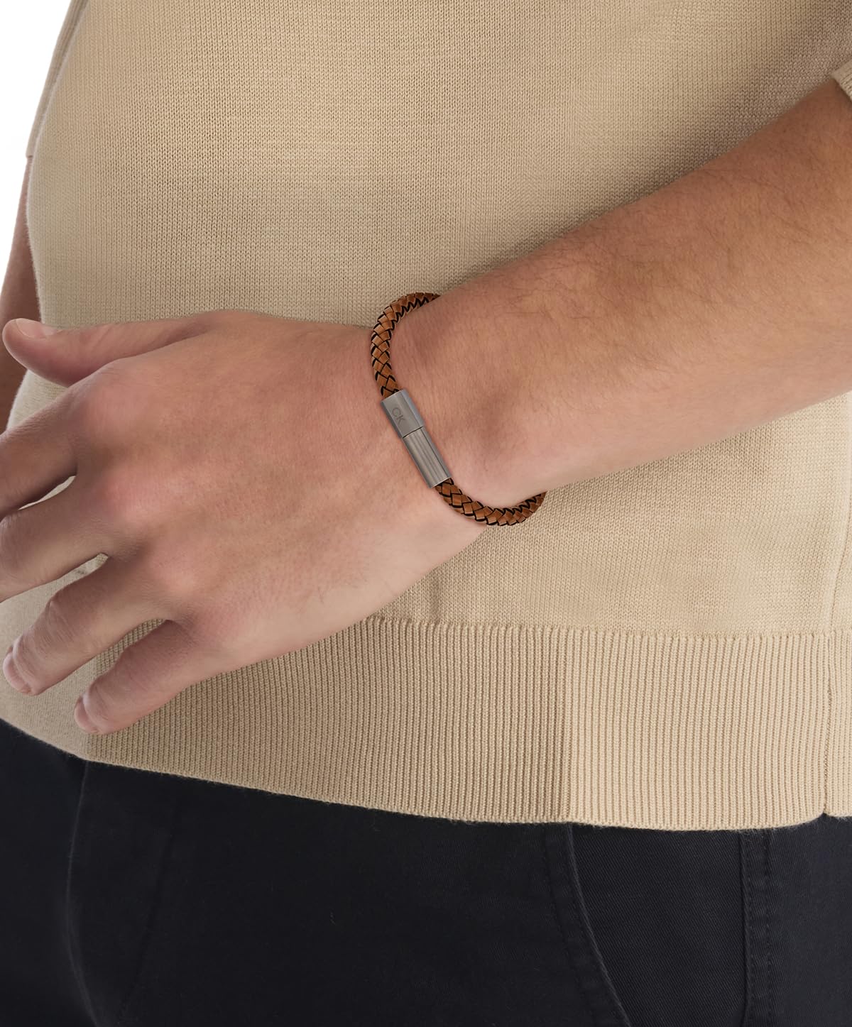 Calvin Klein Bracelet pour Homme Collection INDUSTRIAL FACETS avec Cuir Marron et Fermeture Gunmetal - 35100046