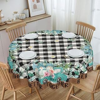 Eucalyptus Leaves Table Cloths, Watercolor Green Sage Gnome Car Plant Black Buffalo Plaid Floral Spring Summer Farmhouse Coffee Table Cover Decor for Kitchen Room Outdoor Home Party, 36" Round