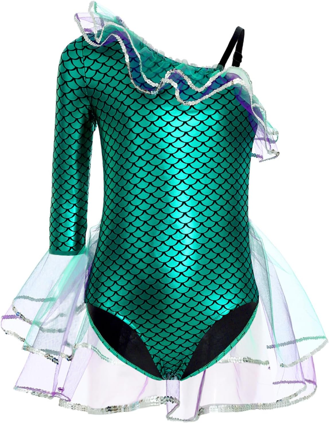 JEYPINMI Girl's Gymnastics Leotards Long Sleeve Ruffled Mesh Dance Unitards Mermaid Active Biketards