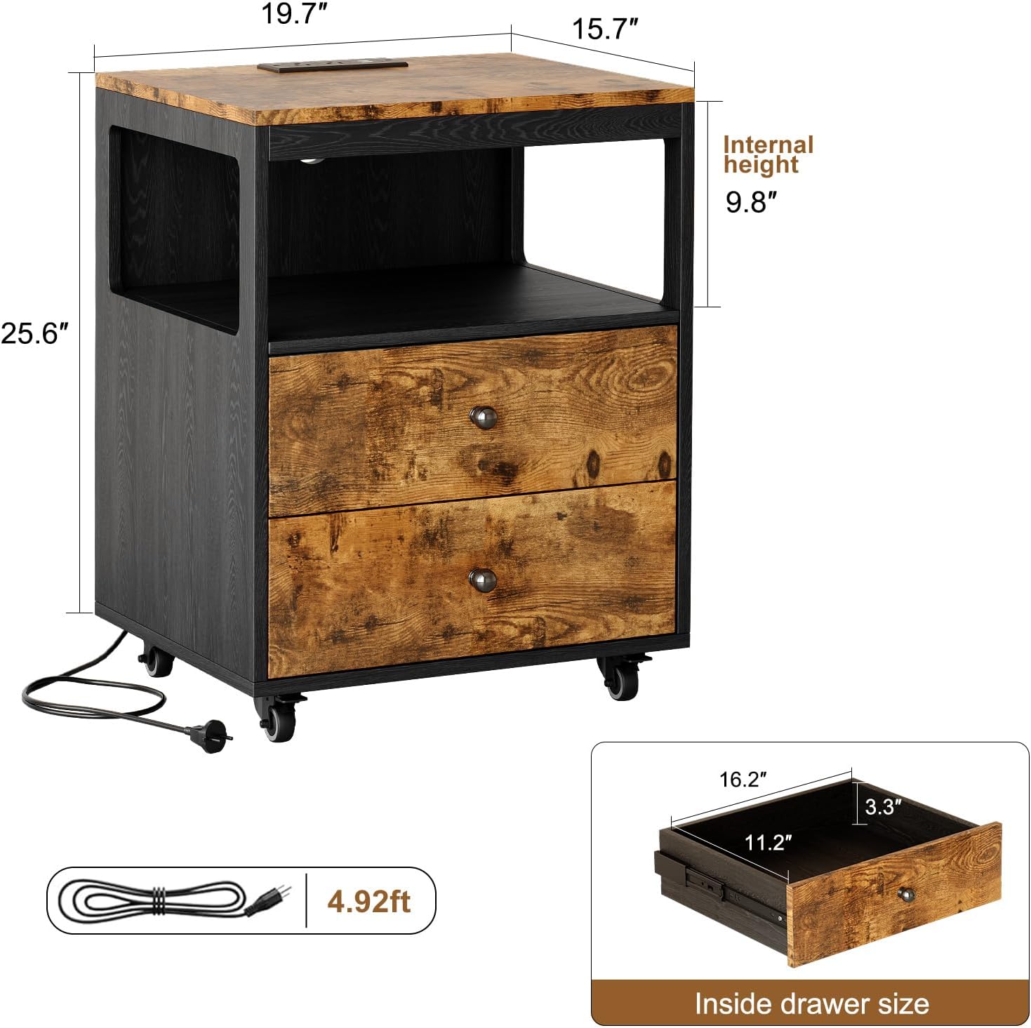 Bedroom Nightstand with Charging Station, Side Table with 2 Drawers,Sofa End Table Living Room with Wheels for Living Room Bedroom Office(Rustic Brown + Black)