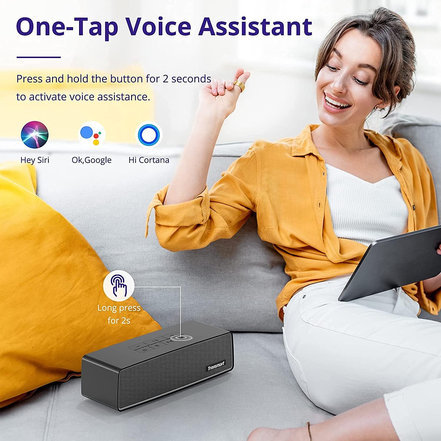 Person activating voice assistant on Tronsmart Studio speaker