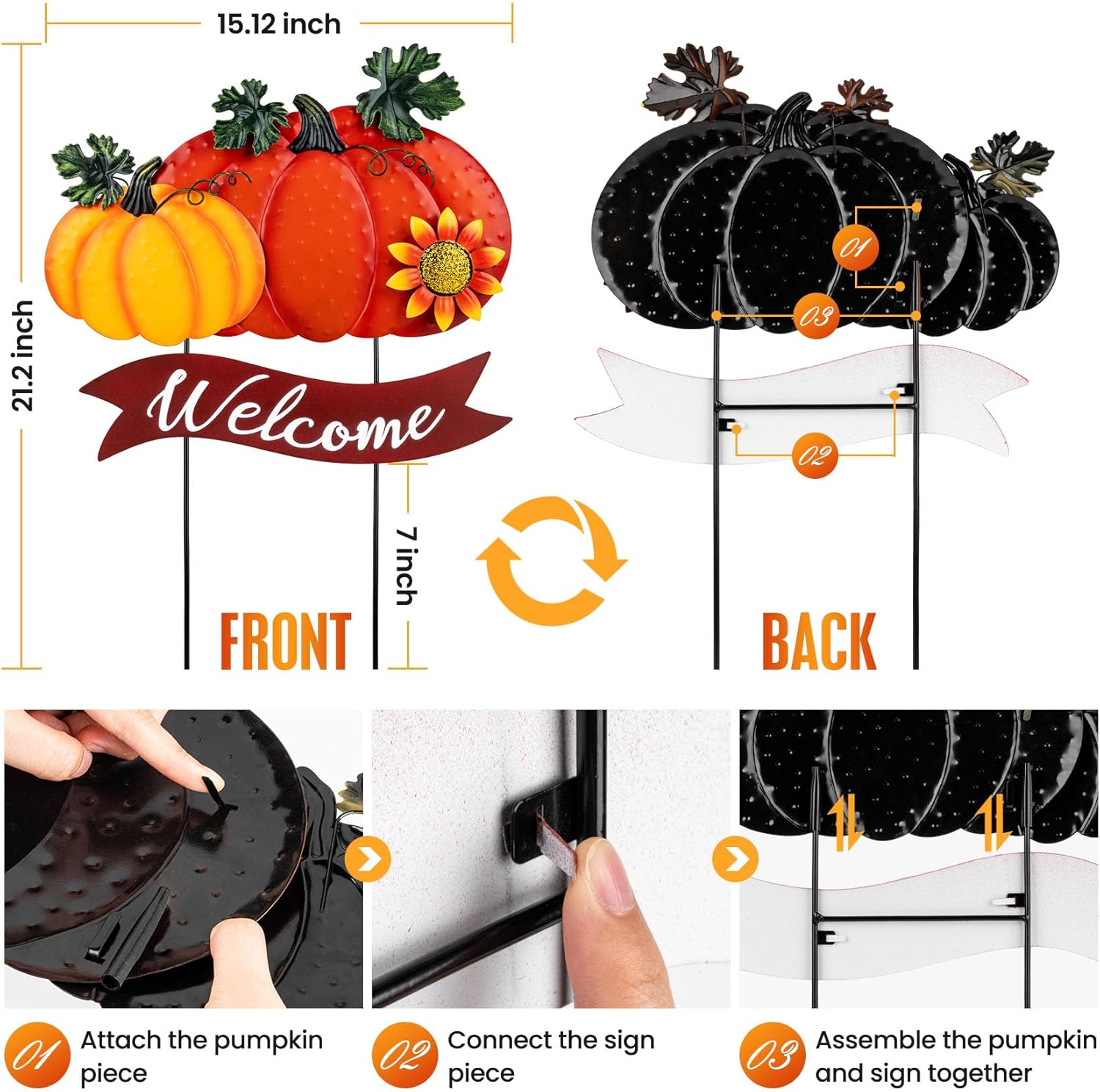 Fall Decorations for Home Outdoor - 21.2" Metal Pumpkin Yard Stakes with 2-Pumpkin Welcome Sign & Glitter Sunflower - Decorative Garden Stakes for Outside Garden Yard Lawn Patio Porch Decor