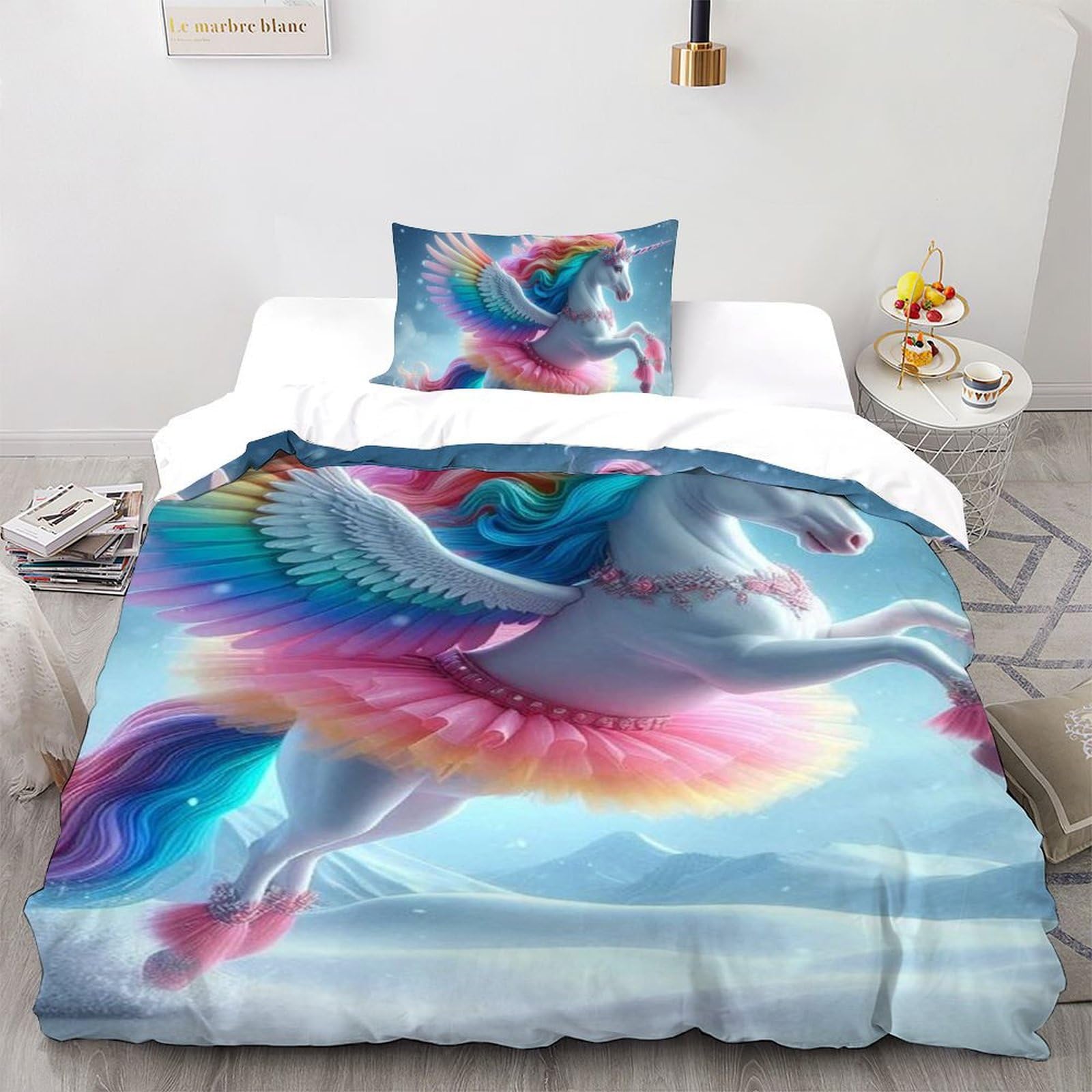 Housse de couette imprimé 3D animaux pegasus avec taie d'oreiller lit simple garçon