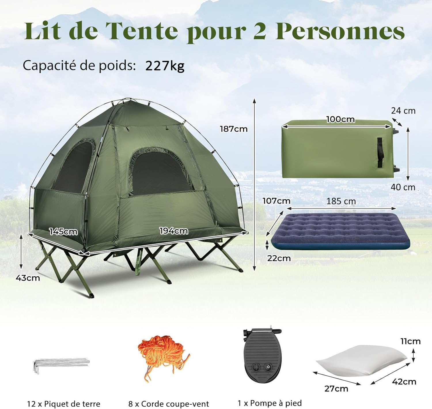 GYMAX Tente avec Lit de Camping pour 1/2 Personnes, Bâche Anti-Pluie Supplémentaire, pour Randonnée, Pique-Nique, Pêche