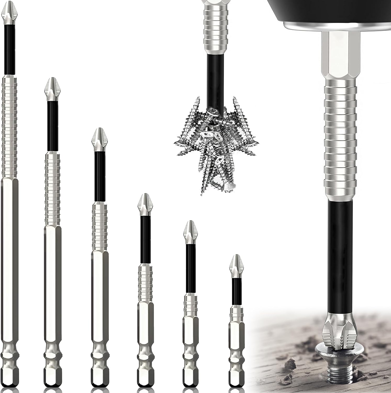6 Pieces Magnetic Screwdriver Bit Set, Non-Slip Bits for Phillips Screwdrivers, Professional Screwdriver Inserts, 1.96/2.55/2.95/3.9/4.72/5.9 Inch, for Hand Percussion Drills etc
