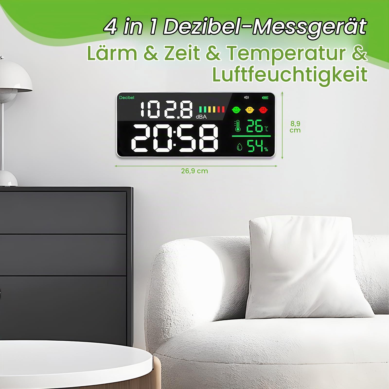 Dezibel Messgerät, 4-in-1 für Geräusch, Zeit, Temperatur und Feuchtigkeit