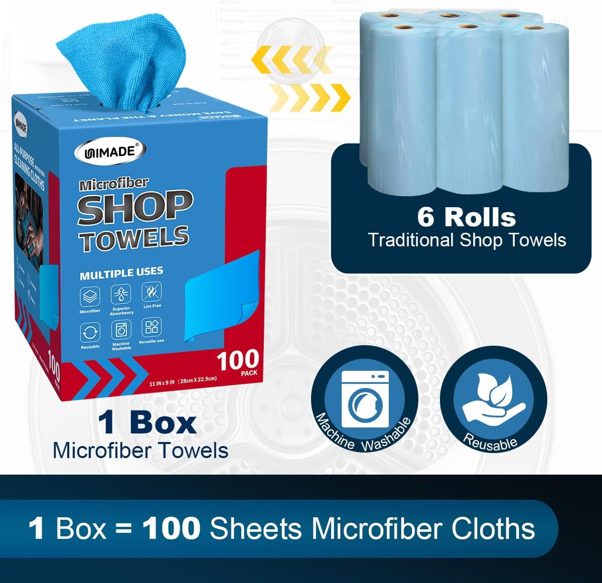 UNIMADE Shop Towels, 100 Sheets Microfiber Cleaning Cloth Commercial Grade Washcloths Lint-Free Bulk Shops Rags for Cars Mechanic Restaurant Garage Housekeeping, 11"x 9", Blue