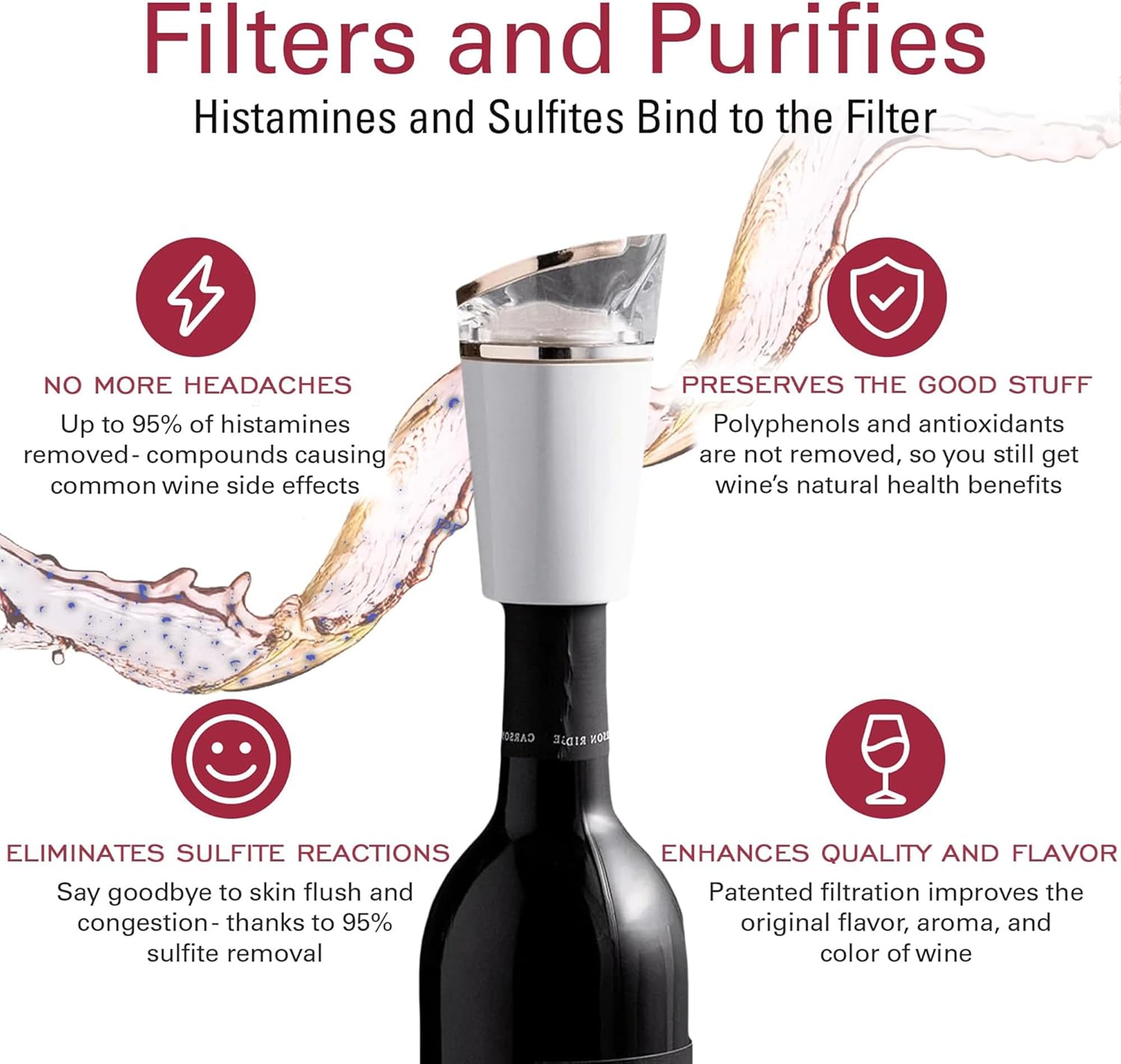 PureWine Phoenix Filtre et aérateur de bouteille de vin réutilisable pour verser le filtre histamine et sulfites, aère et restaure le goût – Noir
