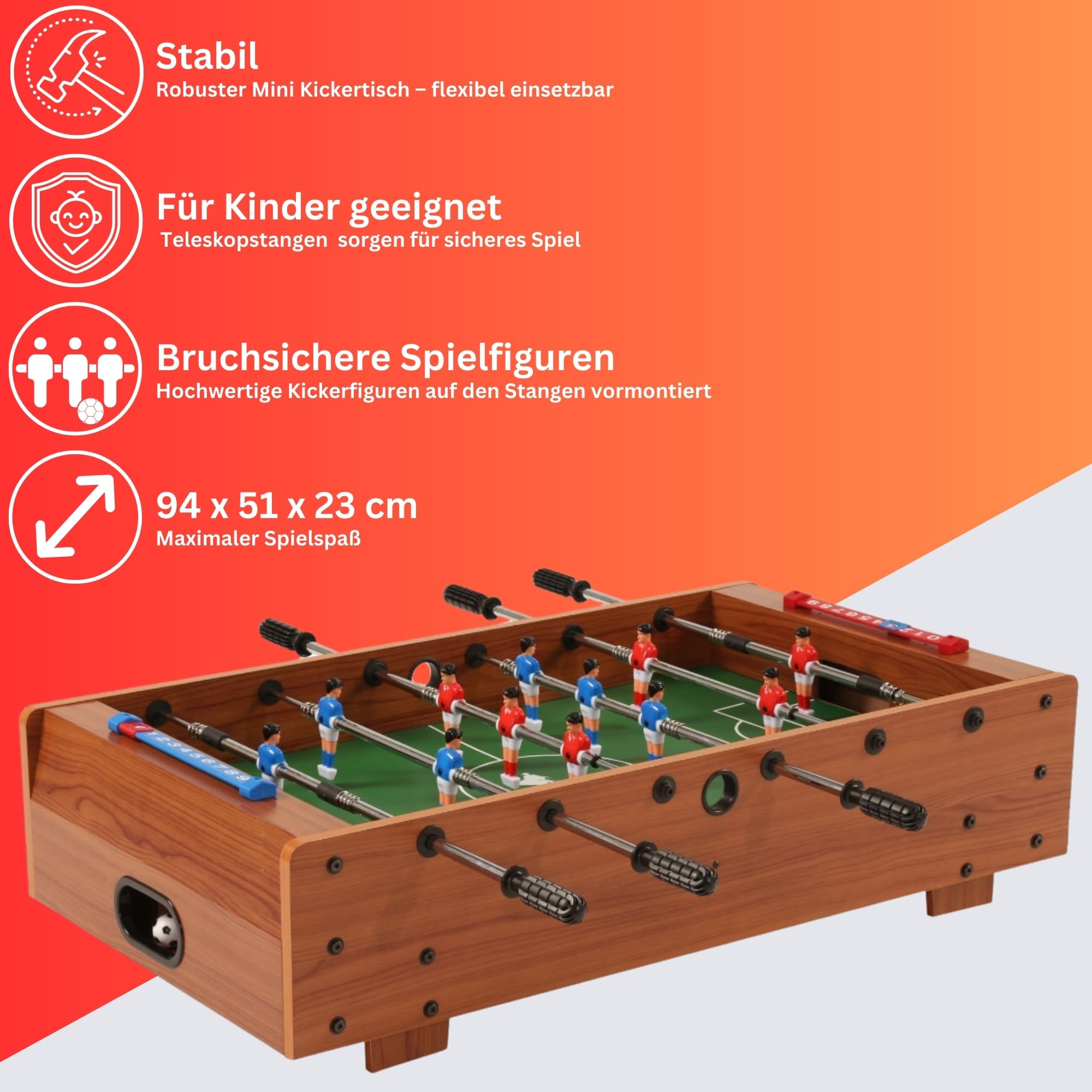 Bandito Mini-Fußballtisch, Kickertisch für Kinder, Kleiner mobiler Fußballkicker, Kindersichere Teleskopstangen, Tischfußball, Spielauflage für Tisch oder Boden, 91x51x23cm, braun, inkl Bälle