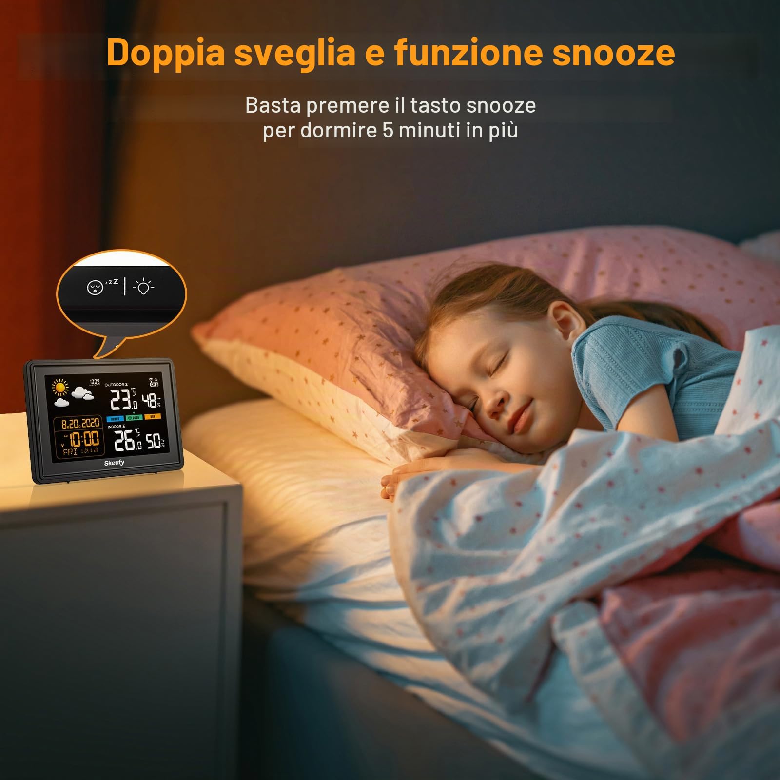 Skeufy Stazione meteo e radio con sensore esterno, temperatura interna ed esterna, umidità, previsioni meteo, barometro, display digitale a colori, orologio radio DCF