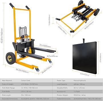 MMS Foldable Hydraulic Material Lift Winch Stacker, 450 Lbs 35.8 Max Lift w/ 9 Wheels 360 Swivel Casters, Pallet Truck Dolly, Fork Lift Table Cart, Pallet Jack, Removable Platform, Adjustable Forks