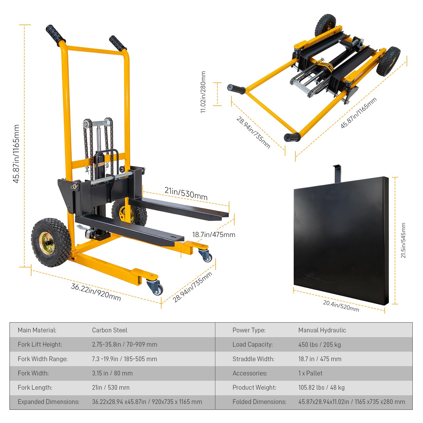 Apilador Hidráulico Plegable 200kg Elevador de Materiales, Transpaleta Manual 91cm Mesa Elevadora con Horquillas Ajustables y Plataforma Desmontable, Carro de Carga Manual para Almacén Taller | Horquillas regulables 18,5–50,5 cm, pedal de pie suave, doble