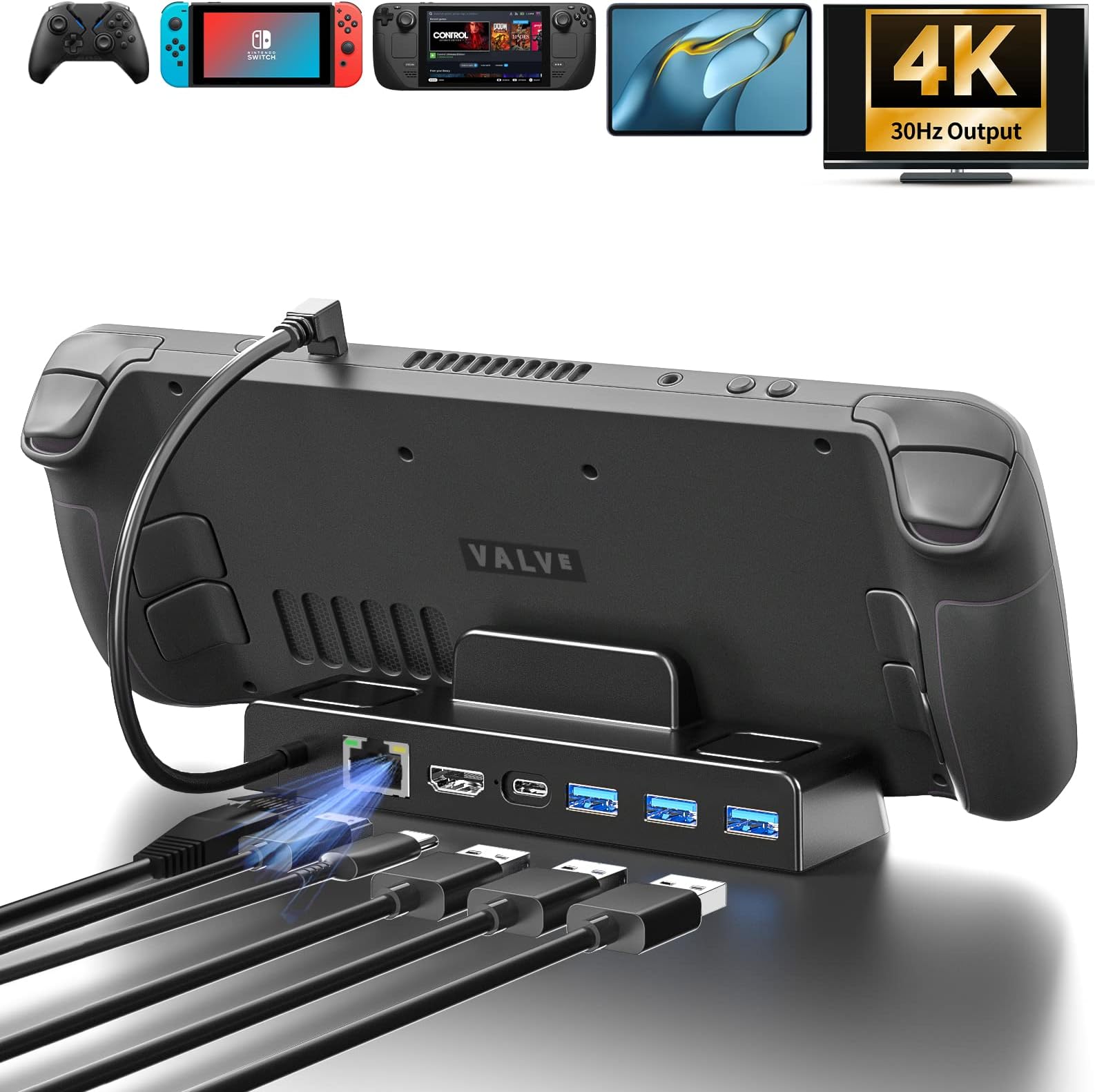 Steam Deck Dock,Docking Station 6 in 1 Hub with HDMI2.0 4K@60Hz, Gigabit Ethernet, 3 USB-A 3.0 and 100W Charging USB-C Port Compatible with Valve Steam Deck Accessories Stand