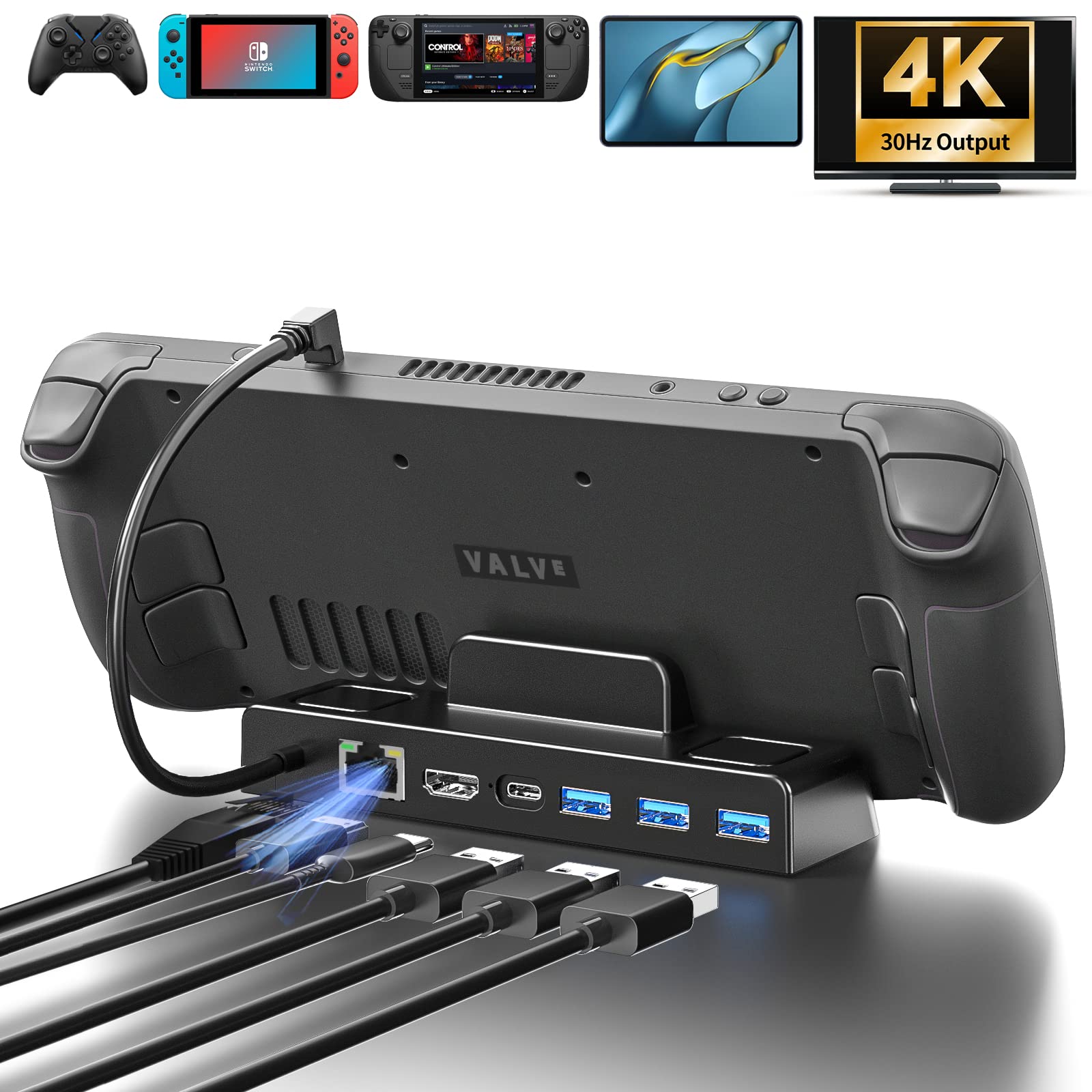 Steam Deck Dock,Docking Station 6 in 1 Hub with HDMI2.0 4K@60Hz, Gigabit Ethernet, 3 USB-A 3.0 and 100W Charging USB-C Port Compatible with Valve Steam Deck Accessories Stand